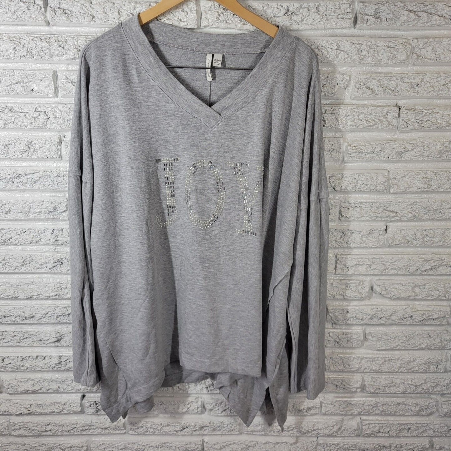 Christmas Live Well Womens Top 26W 28W Plus Tee Long Sleeve Beaded Joy Gray Soft