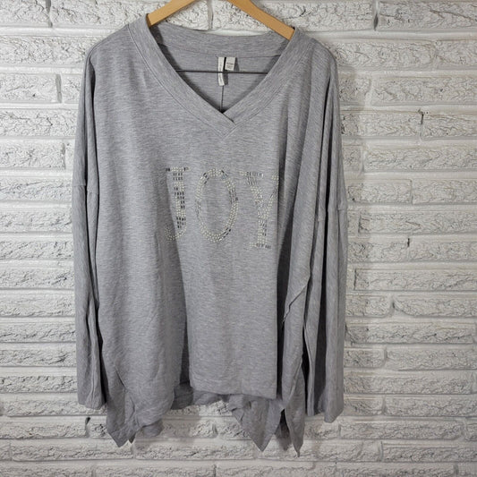 Christmas Live Well Womens Top 26W 28W Plus Tee Long Sleeve Beaded Joy Gray Soft