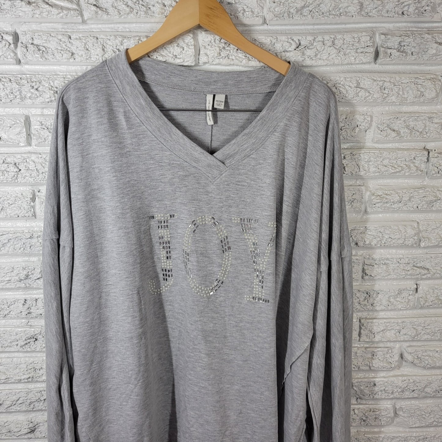 Christmas Live Well Womens Top 26W 28W Plus Tee Long Sleeve Beaded Joy Gray Soft
