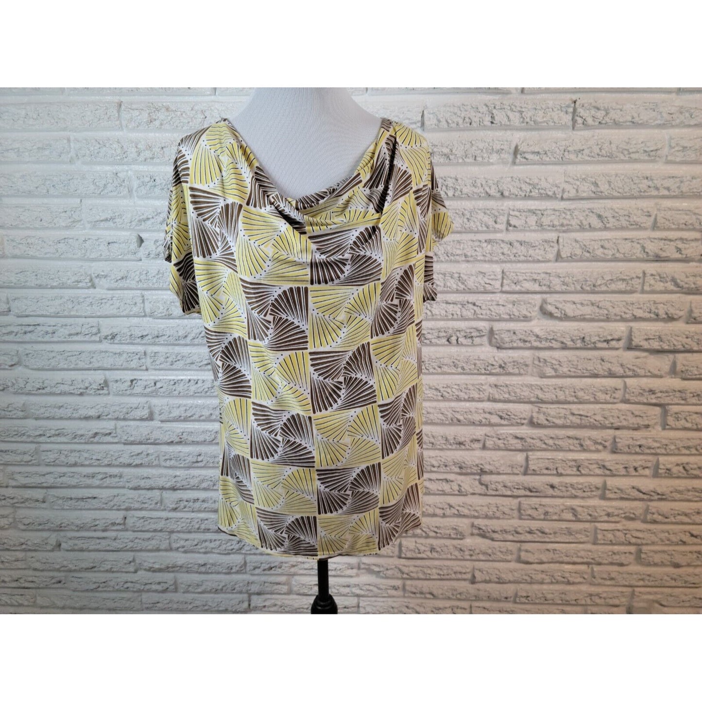 Jonathan Martin Womens Top 2X Plus Tee Yellow Geometric Cowl Neck Poly Blend