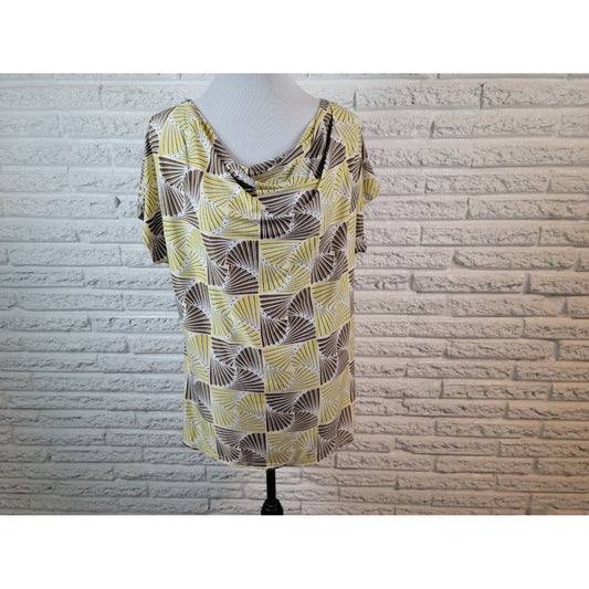 Jonathan Martin Womens Top 2X Plus Tee Yellow Geometric Cowl Neck Poly Blend