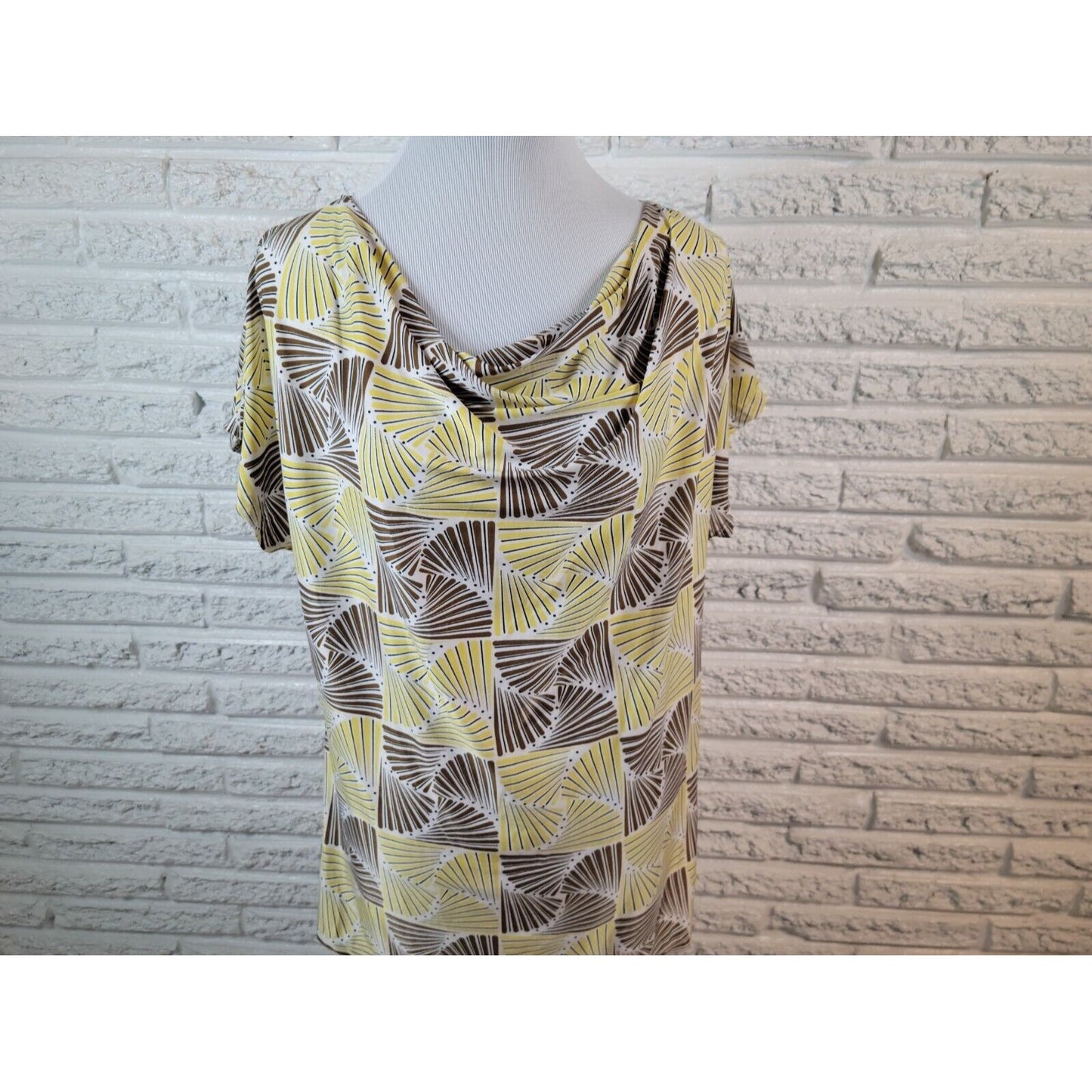Jonathan Martin Womens Top 2X Plus Tee Yellow Geometric Cowl Neck Poly Blend