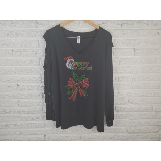 Christmas Zenana Outfitters Womens Top 2X Tee Cut Out Black Sleeve Rhinestone