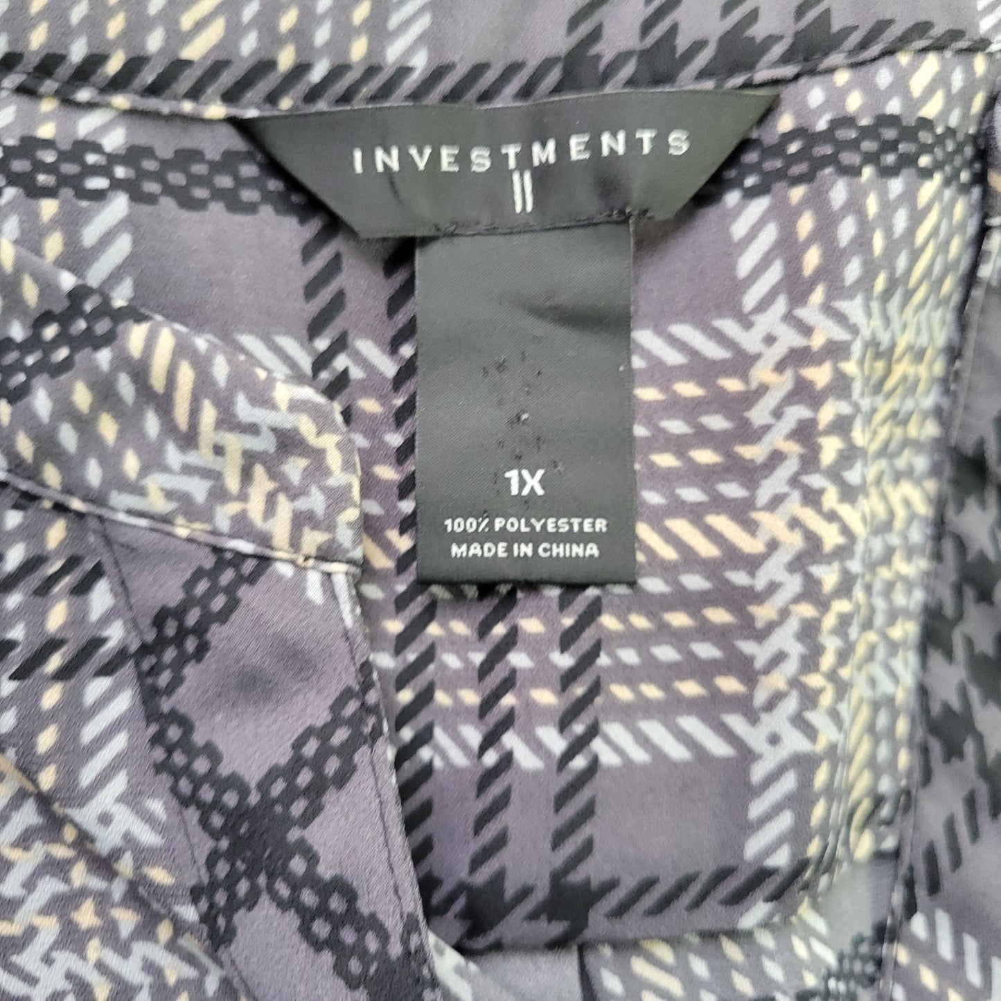 Investments II Womens Top 1X Plus Roll Tab Sleeve Polyester Gray Plaid Button