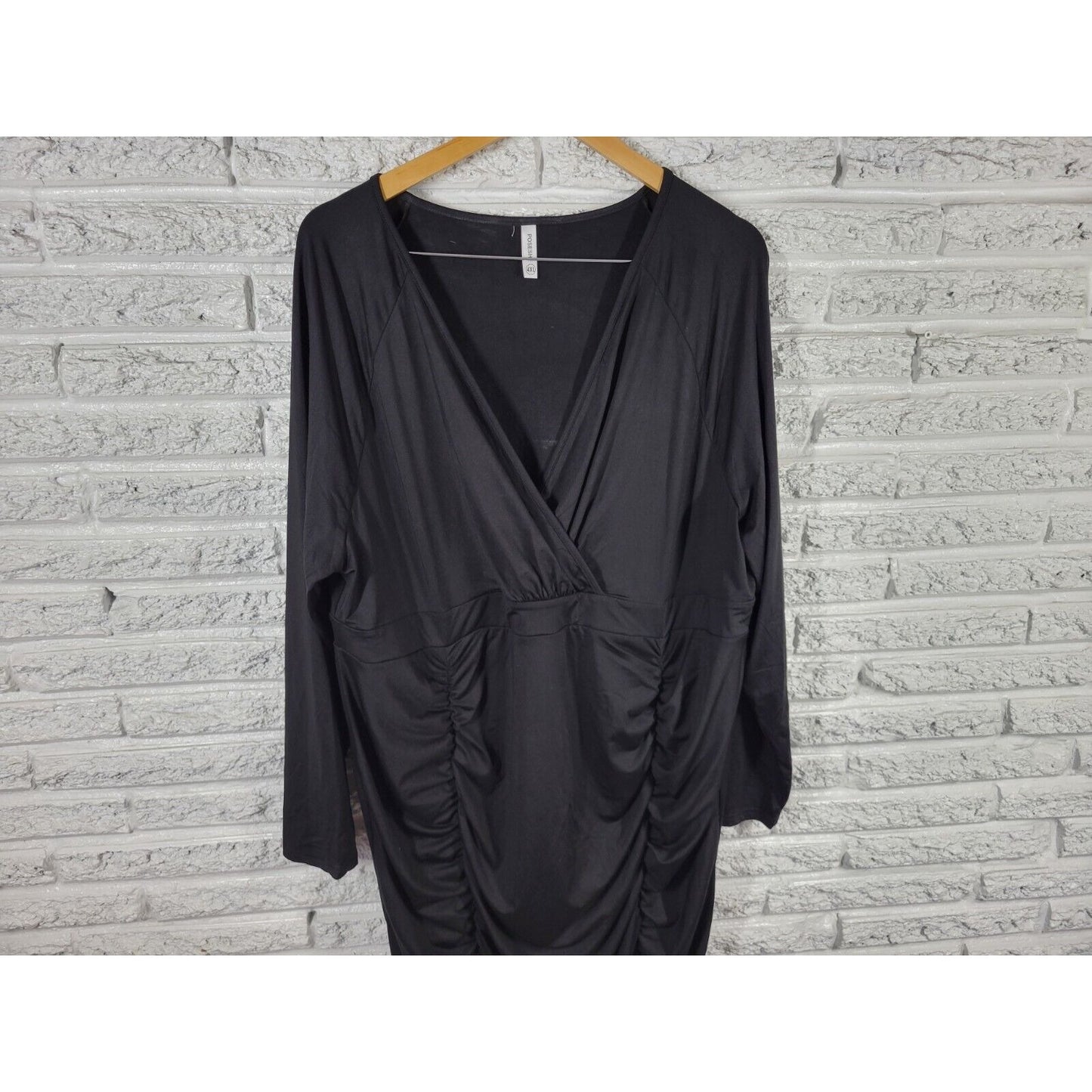 Poseshe Womens Dress 4XL Plus Long Sleeve Black Poly Blend Ruched Casual