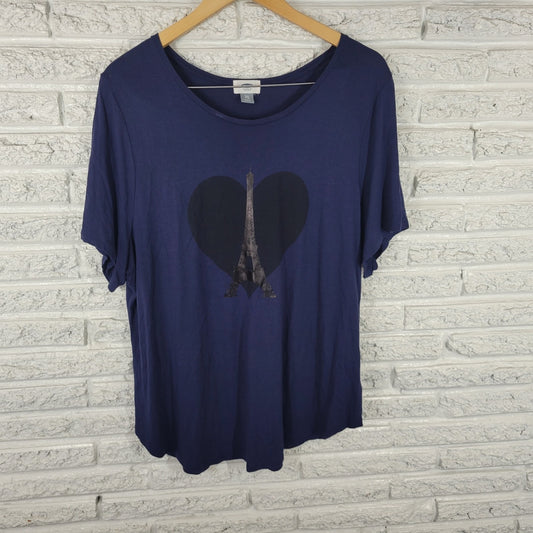 Old Navy Women Top XXL Plus Tee Short Sleeve Blue Paris Eiffel Tower Rayon Comfy