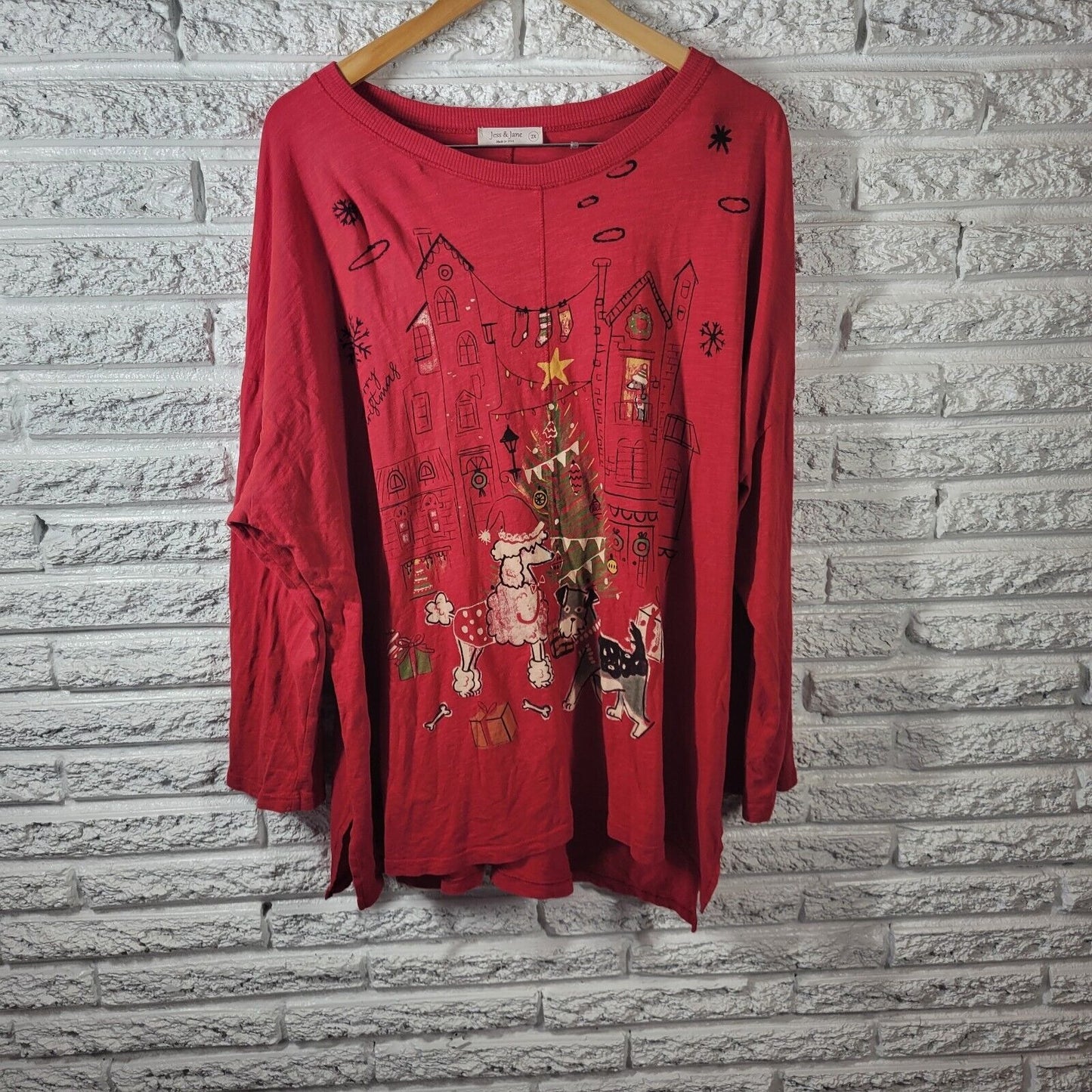 Christmas Jess Jane Womens Top 2X Tee Long Sleeve Poodle Terrier Dog Red Cotton