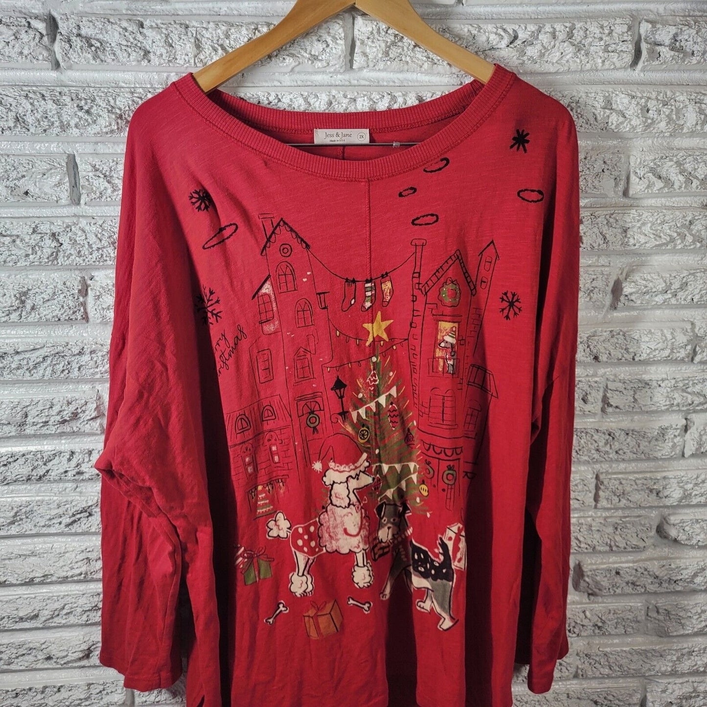 Christmas Jess Jane Womens Top 2X Tee Long Sleeve Poodle Terrier Dog Red Cotton