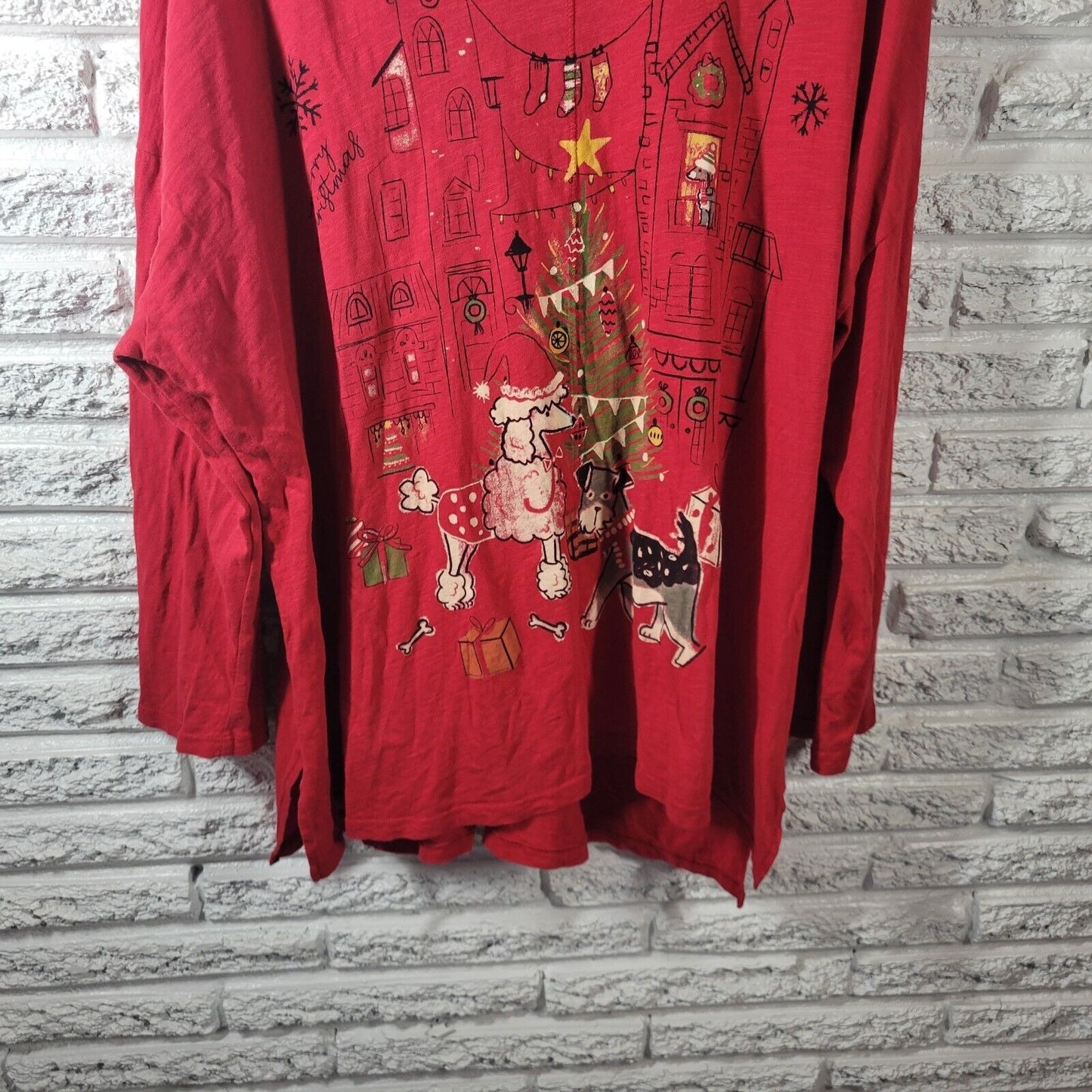Christmas Jess Jane Womens Top 2X Tee Long Sleeve Poodle Terrier Dog Red Cotton