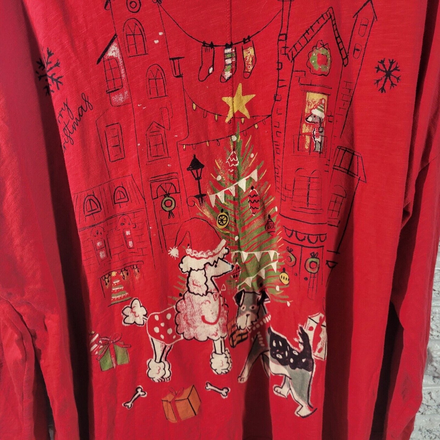 Christmas Jess Jane Womens Top 2X Tee Long Sleeve Poodle Terrier Dog Red Cotton