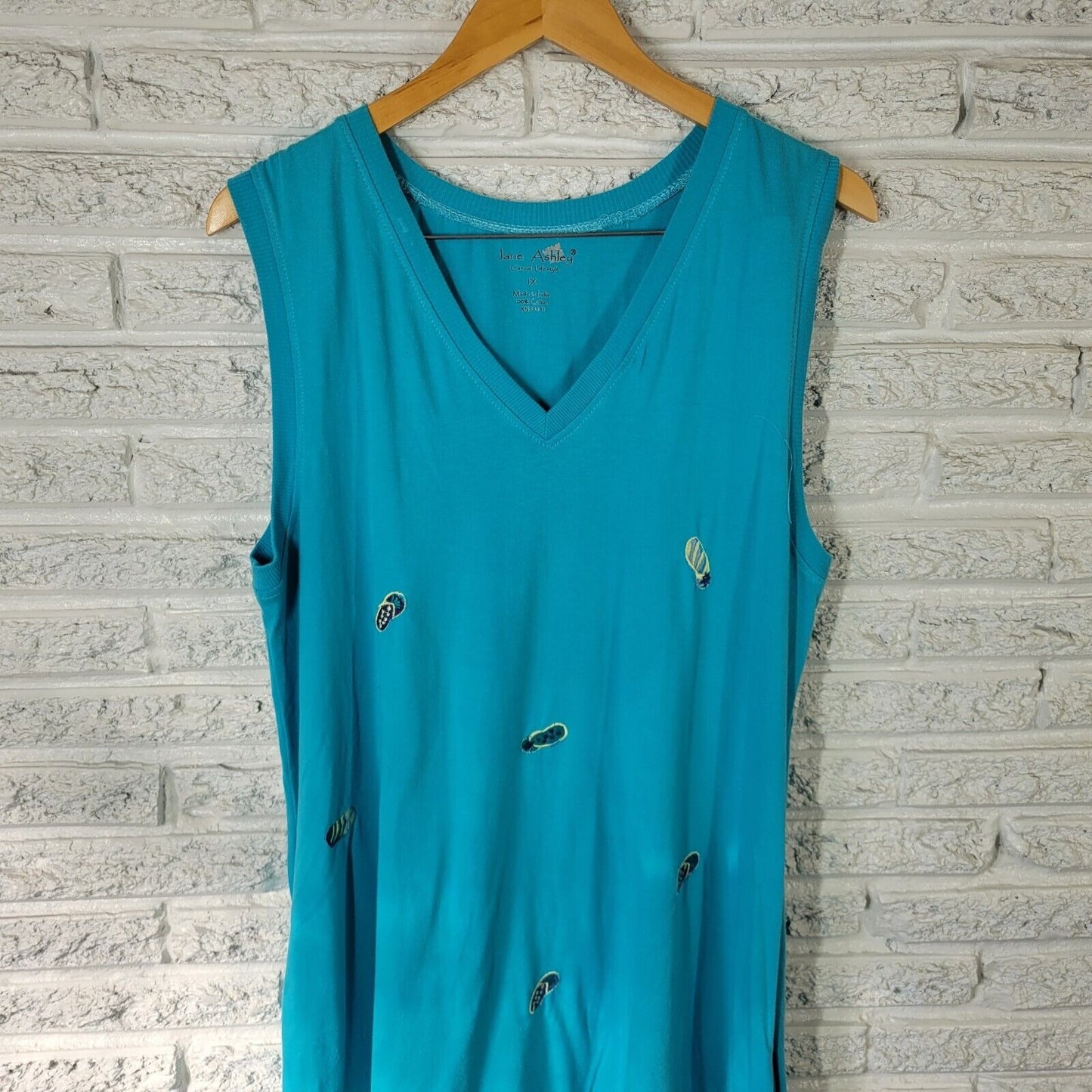 Jane Ashley Women Dress 1X Plus Sleeveless Blue Flip Flops Summer Pockets Cotton