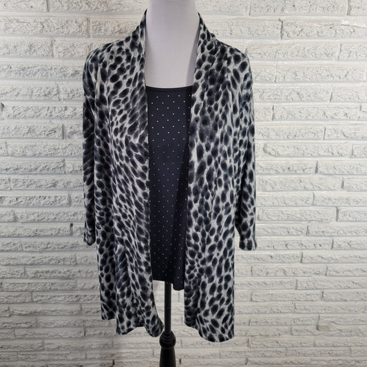 Cathy Daniels Women Top XL Tunic Knit 3/4 Sleeve Black Gray Animal Print Studded