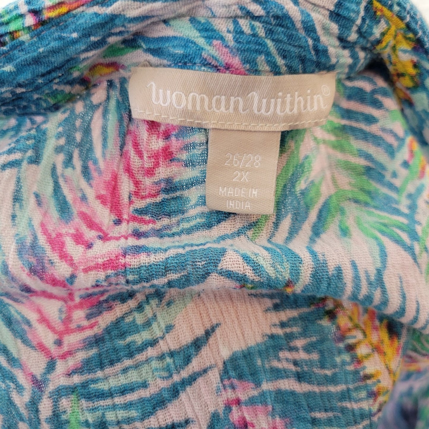 Woman Within Womens Top 2X Plus Roll Tab 3/4 Sleeve Blue Floral Crinkle Pintuck