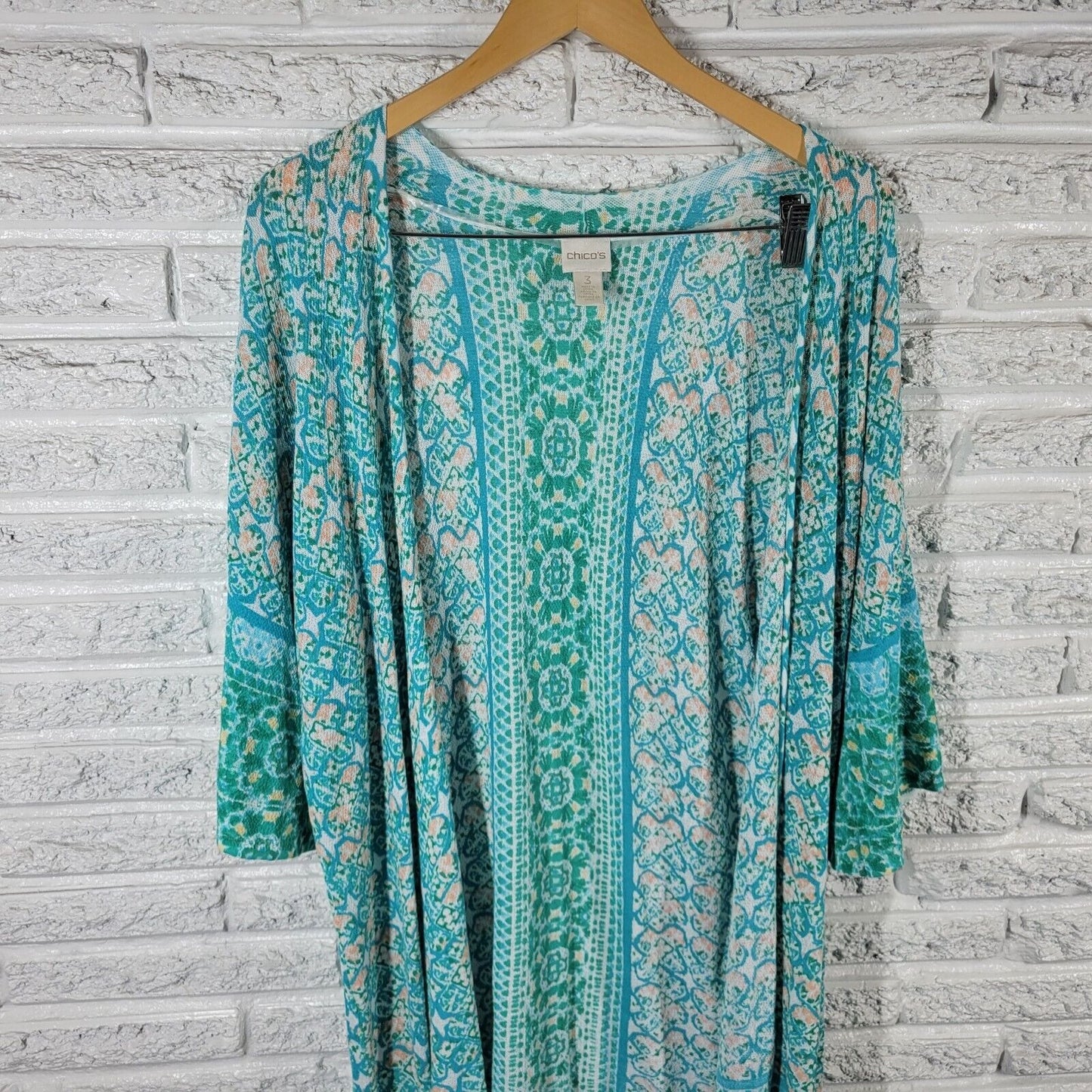 Chicos Womens Top 3 Standard XL Cardigan Knit Open LIghtweight Blue Geometric