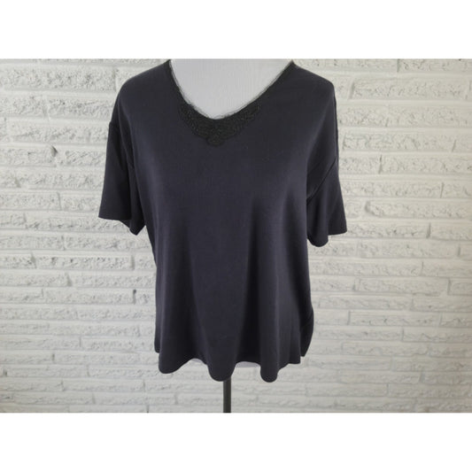 Jenny Womens Top 1X Plus Tee Short Sleeve Pullover VNeck Lace Neck Casual Black