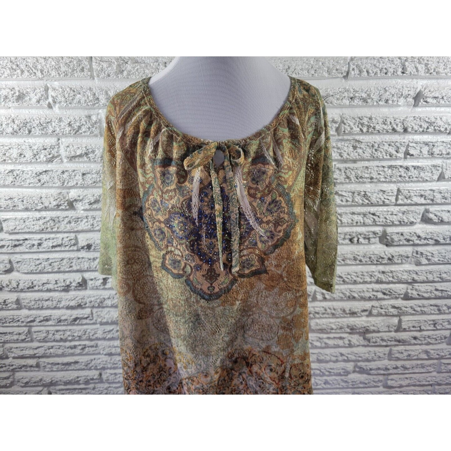 Catherines Womens Top 1X Short Sleeve Tan Mandala Mesh Rhinestone Keyhole Laser