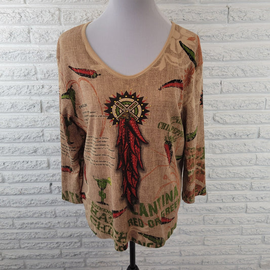 Cactus Bay Womens Top XL Tan Artsy Latin America Recipes Chile Relleno Margarita