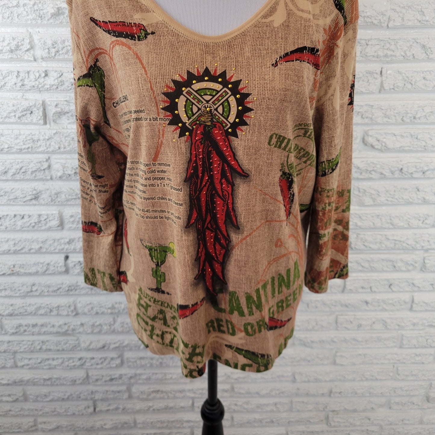 Cactus Bay Womens Top XL Tan Artsy Latin America Recipes Chile Relleno Margarita