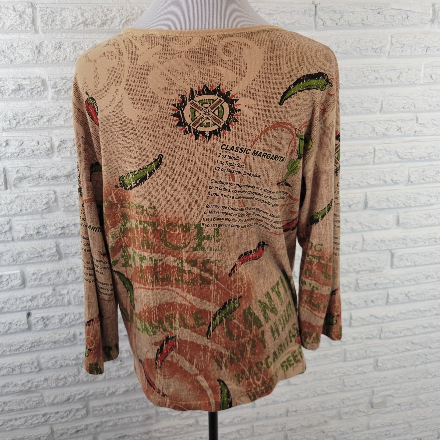 Cactus Bay Womens Top XL Tan Artsy Latin America Recipes Chile Relleno Margarita