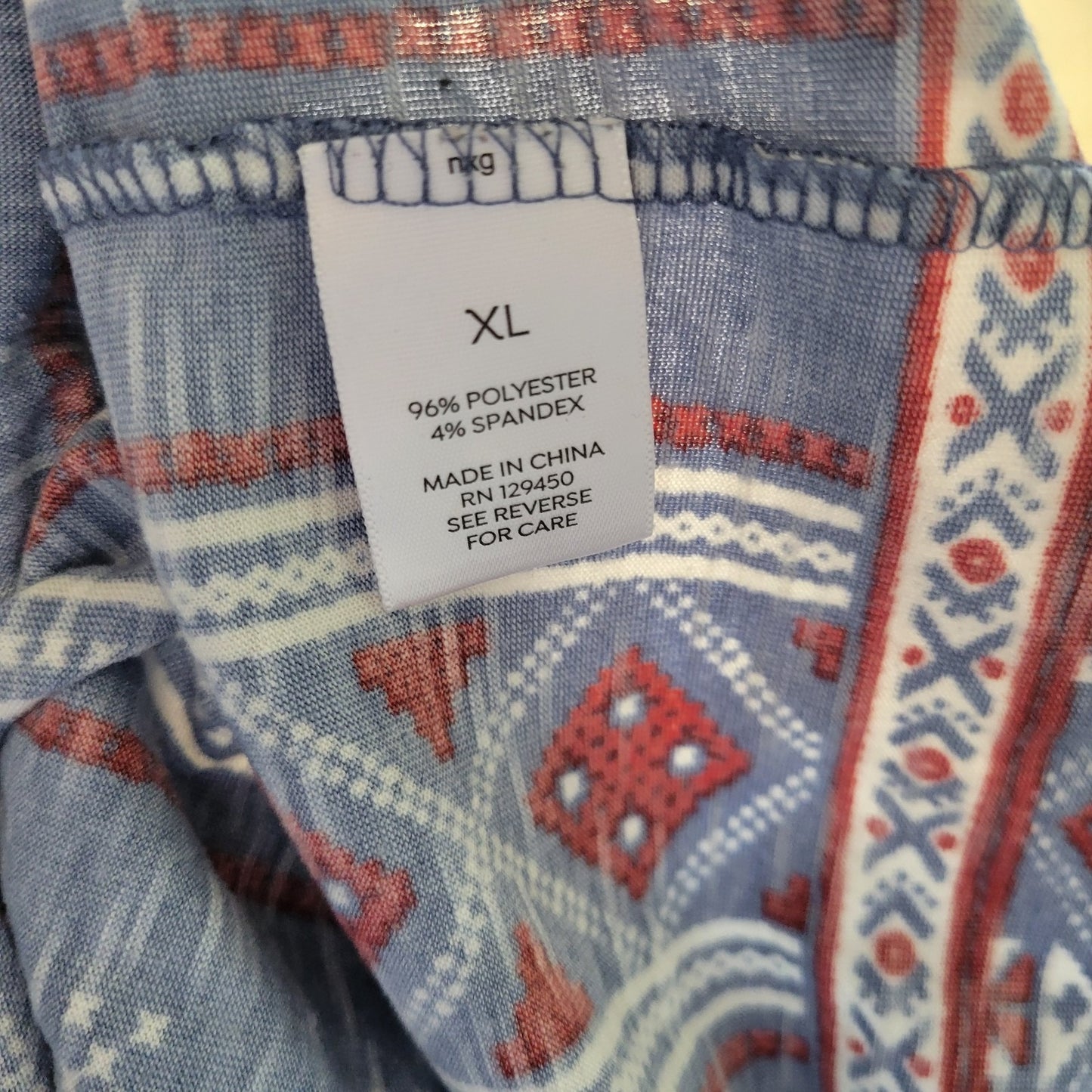 Westport Women's XL Blue Red Geometric Flutter Ruffle Sleeve Keyhole Back Blouse