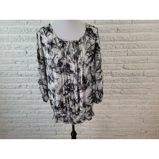 Alfani Womens Top 16W 3/4 Sleeve Semi Peplum Sheer Black Watercolor Abstract