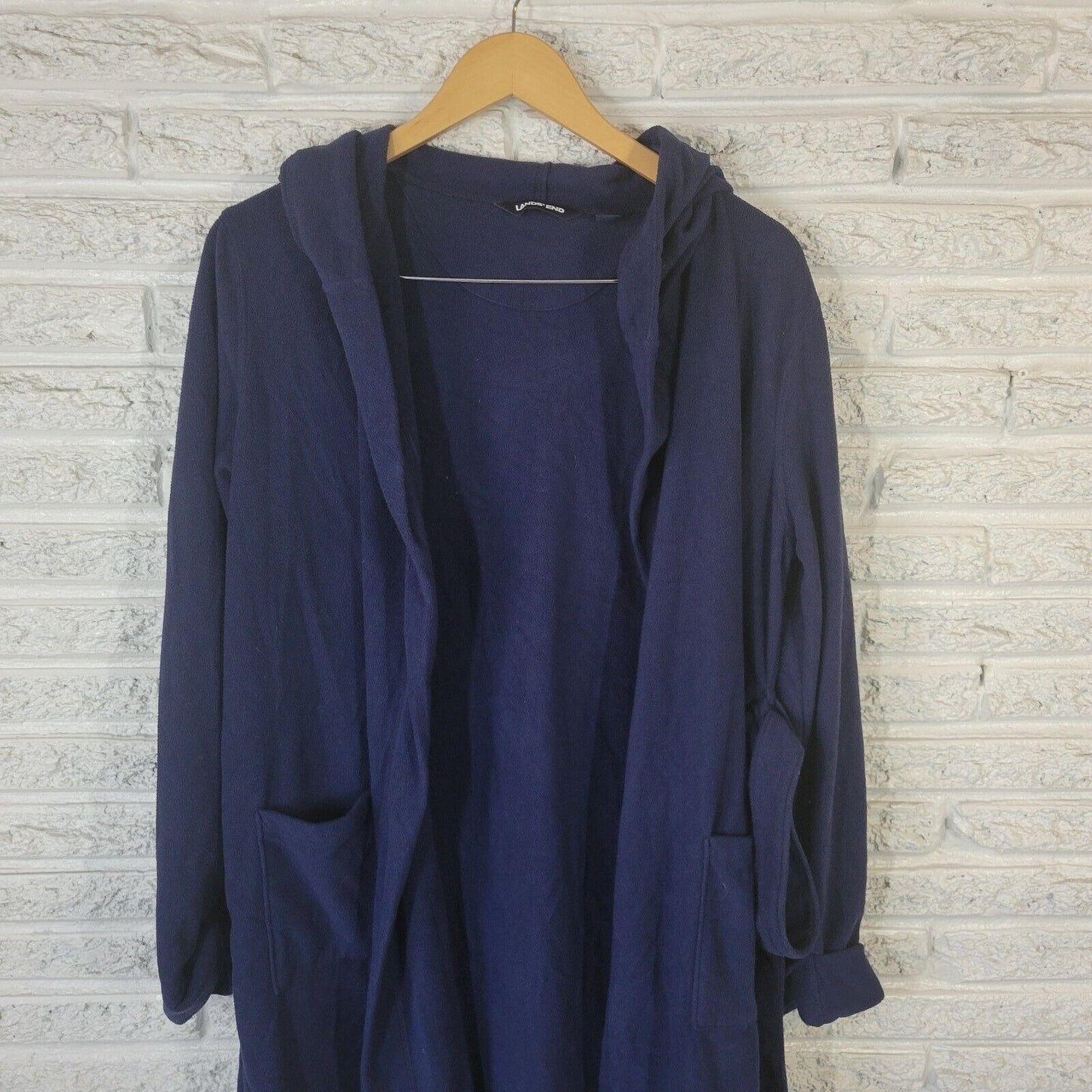 Lands End Women Robe 18 Hoodie Cuff Sleeve Loungewear Blue Polyester Belted Soft