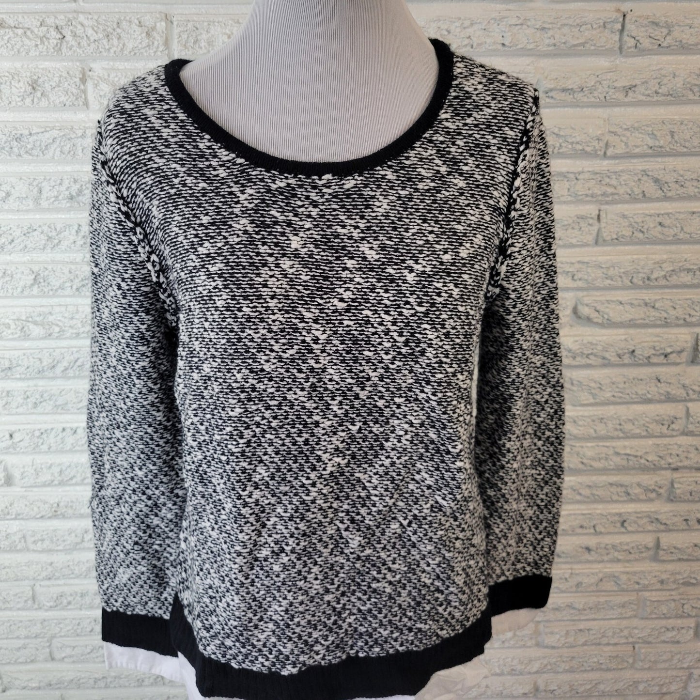 AB Studio Womens Sweater XL Black White Marled Shirt Hem Comfy Cotton Blend