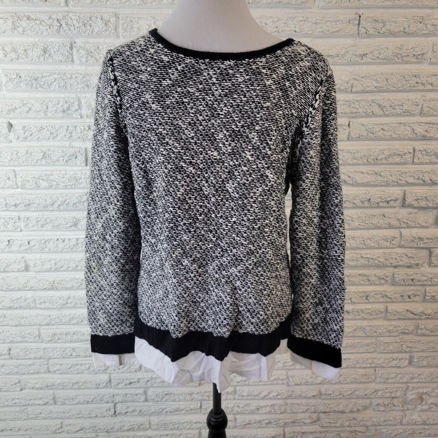 AB Studio Womens Sweater XL Black White Marled Shirt Hem Comfy Cotton Blend