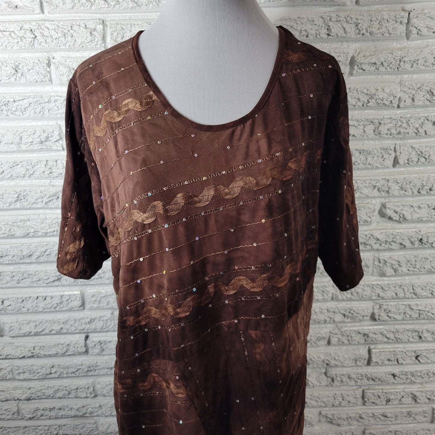 Shannon Ford Womens Top 2X Plus Tunic Brown Asymmetric Sequins Poly Blend Comfy