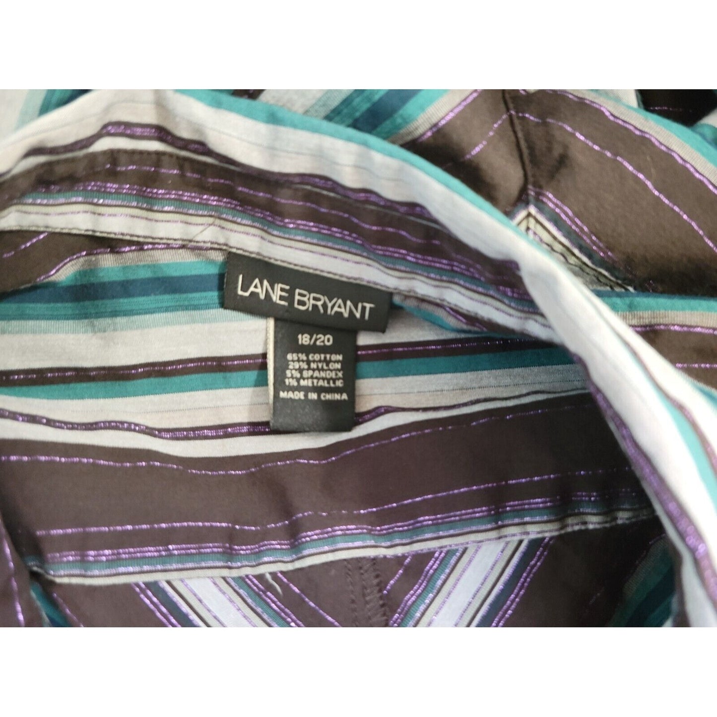 Lane Bryant Womens Shirt 18 20 Plus Long Sleeve Hook Eye Blue Geometric Metallic