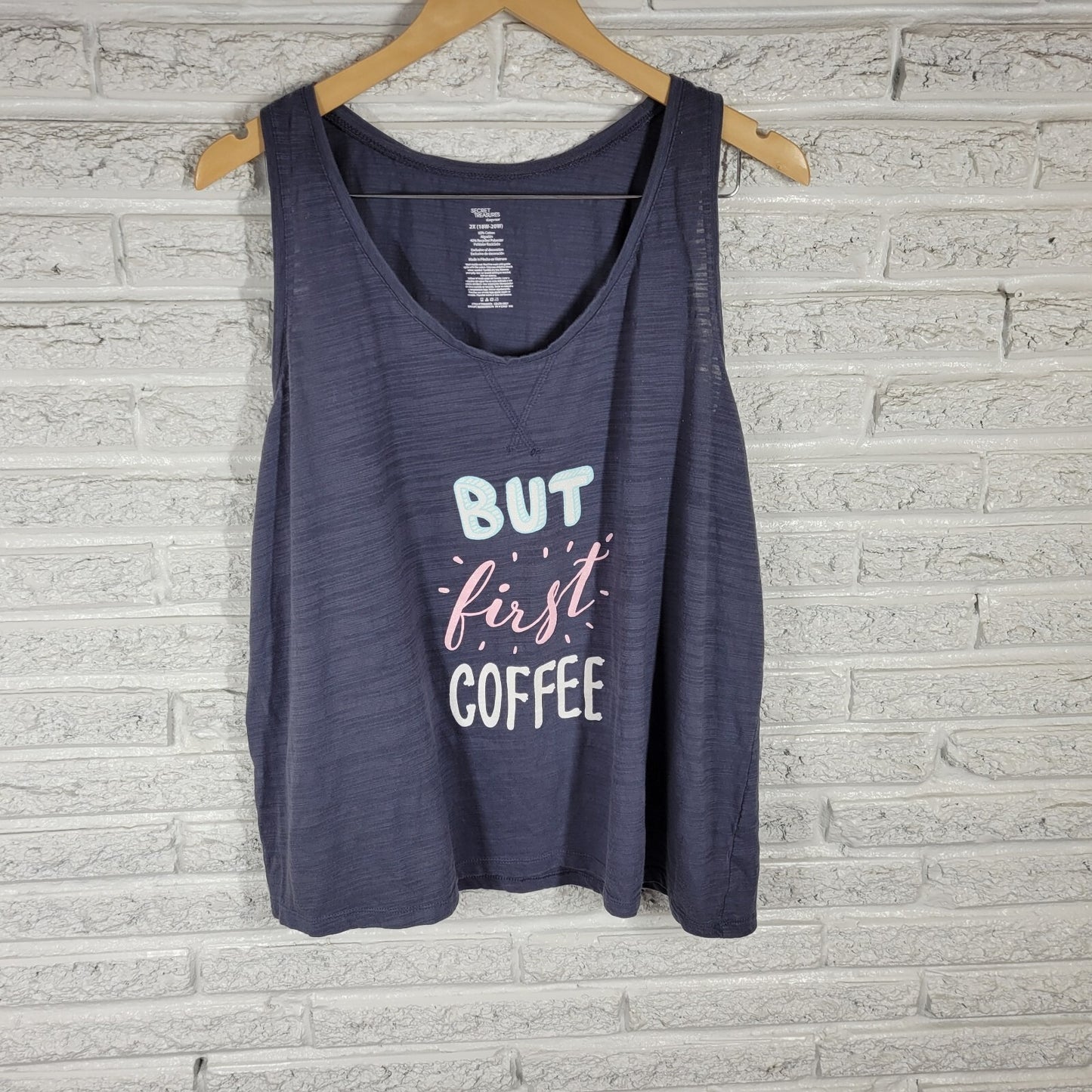 Secret Treasures Women Top 2X Plus Tank Pajama But First Coffee Lightweight Gray