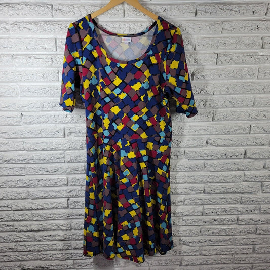 Lularoe Women Dress 3XL Plus Fit Flare Blue Red Geometric Knit Poly Blend Comfy