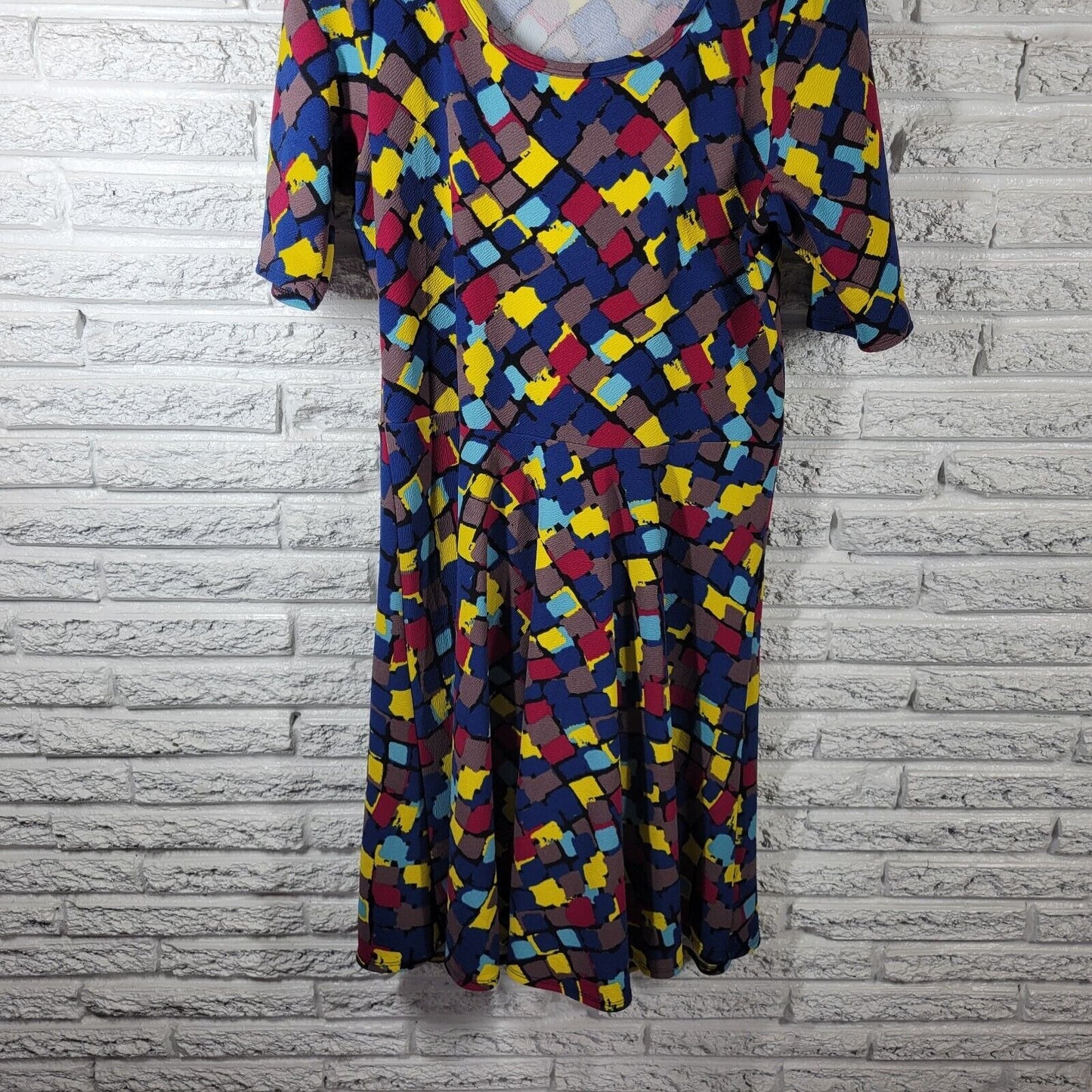Lularoe Women Dress 3XL Plus Fit Flare Blue Red Geometric Knit Poly Blend Comfy