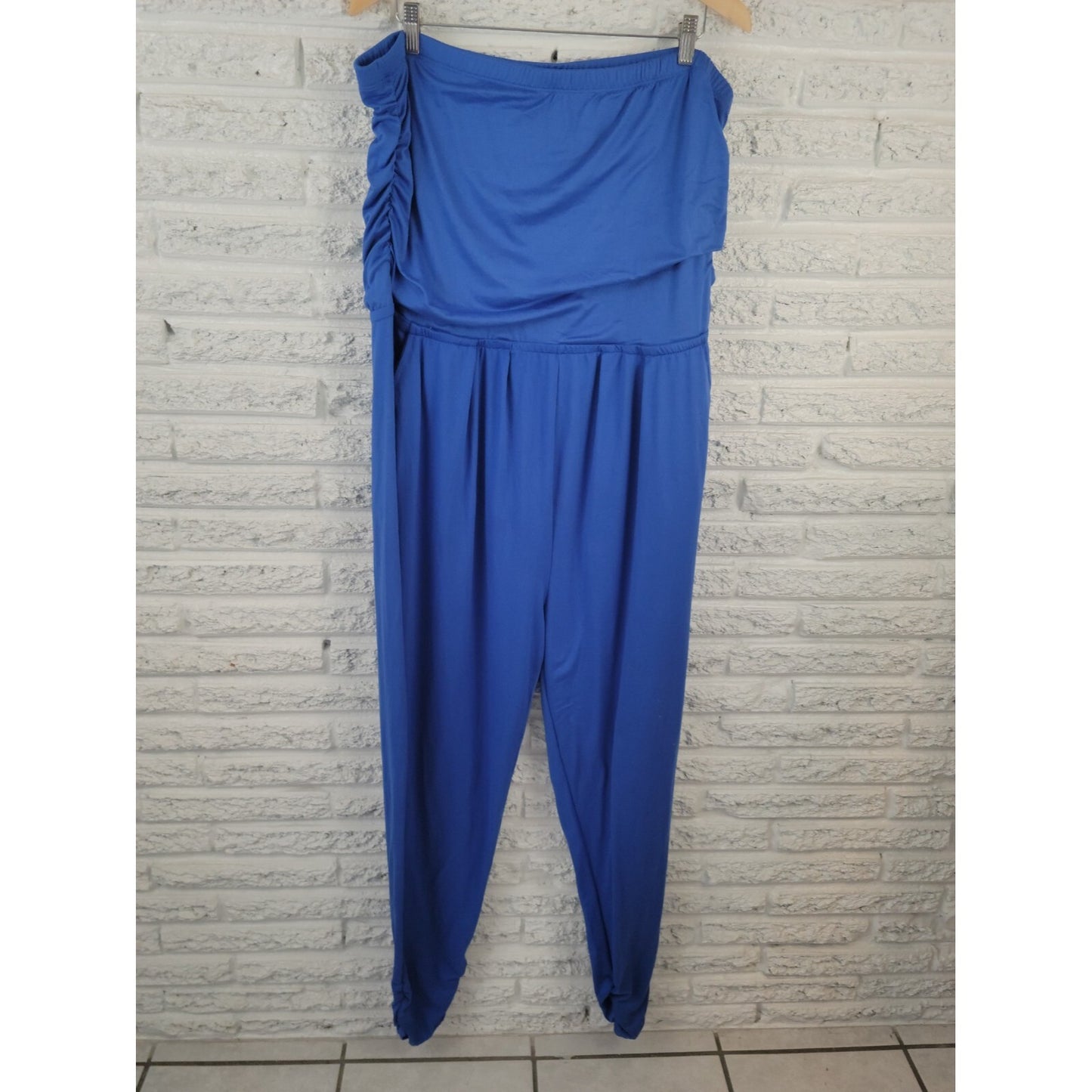 Rouge Womens Jumpsuit 3X Plus Sleeveless Tapered Ruched Pullover Polyester Blue