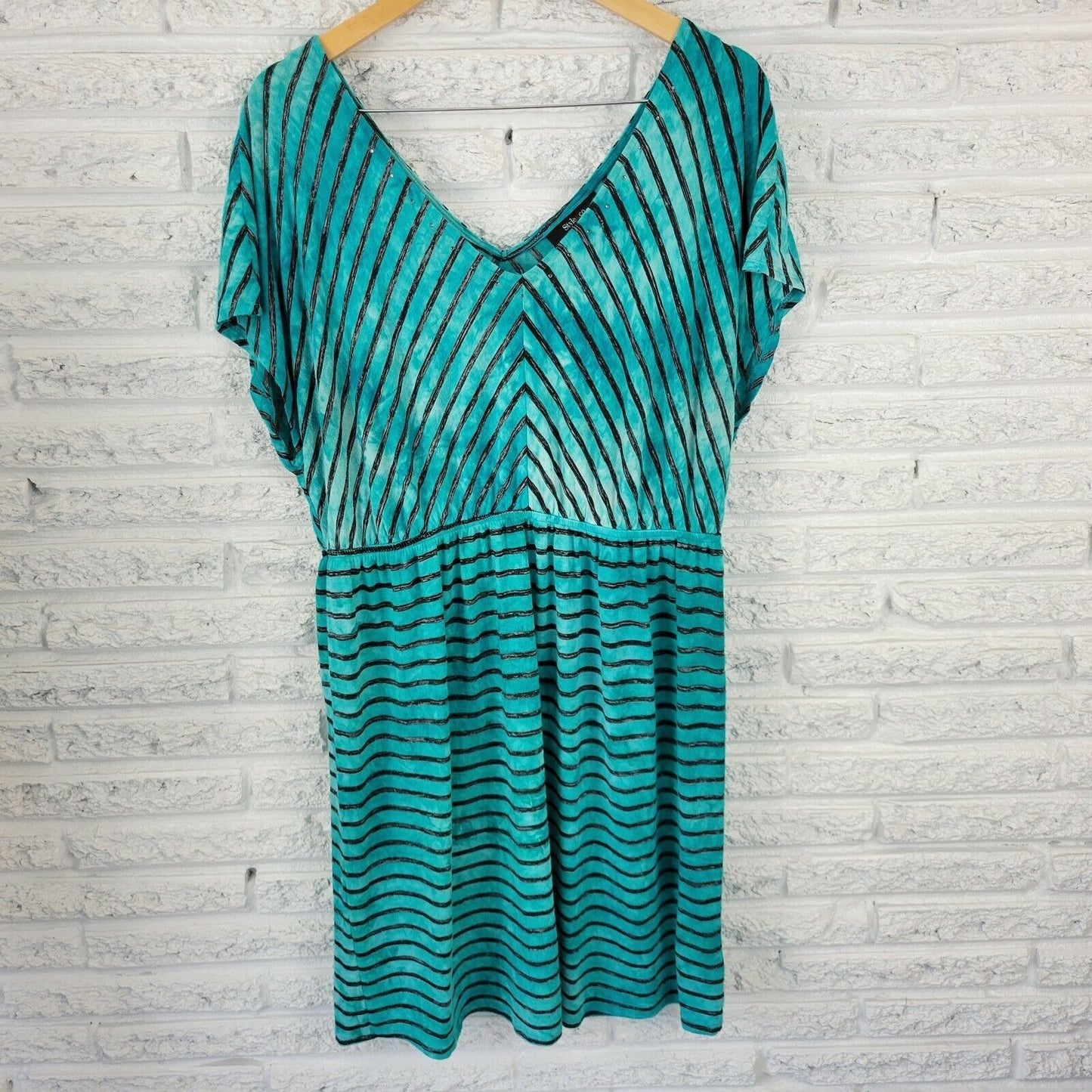 Style & Co Womens Dress 0X Plus Cap Sleeve Knee Length Rhinestone Blue Stripe