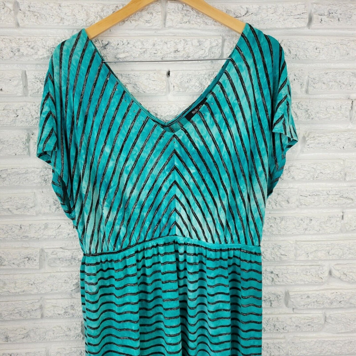 Style & Co Womens Dress 0X Plus Cap Sleeve Knee Length Rhinestone Blue Stripe