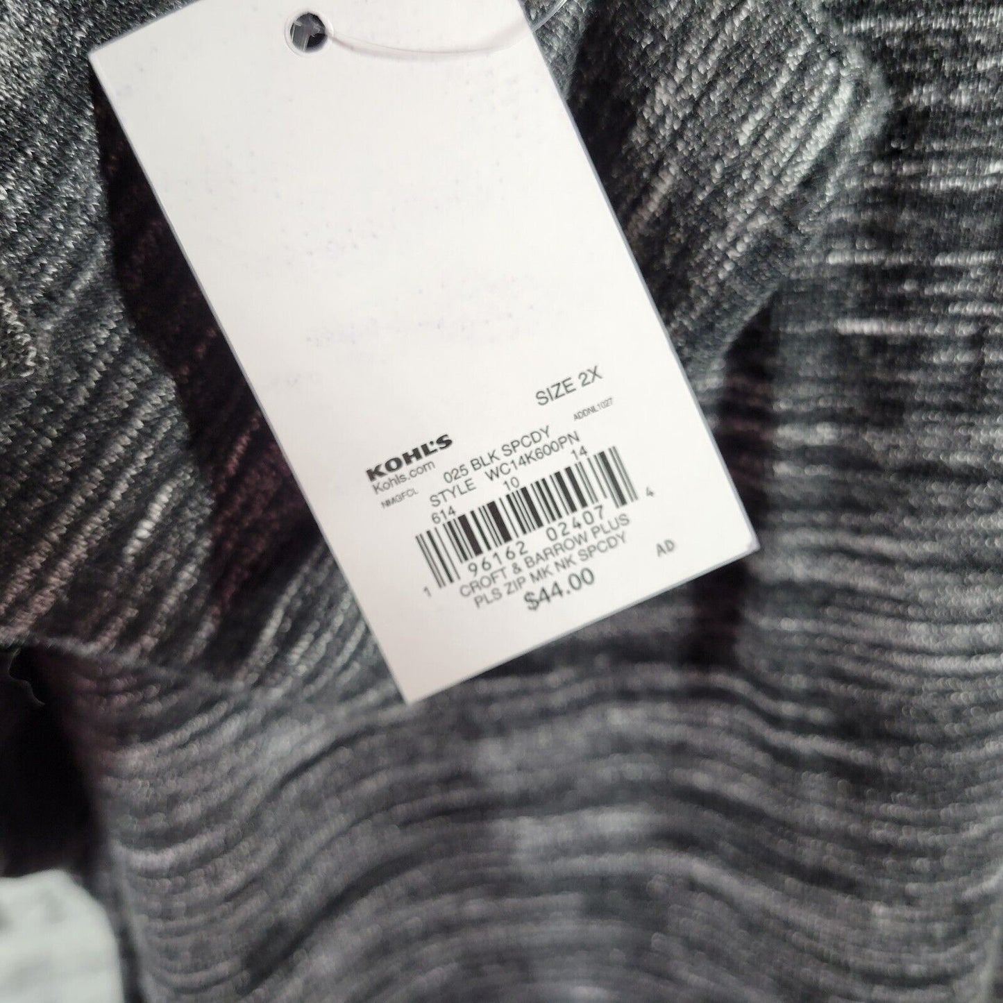 Croft Barrow Womens Top 2X Plus Tee Long Sleeve Black Gray Heather Zip Knit