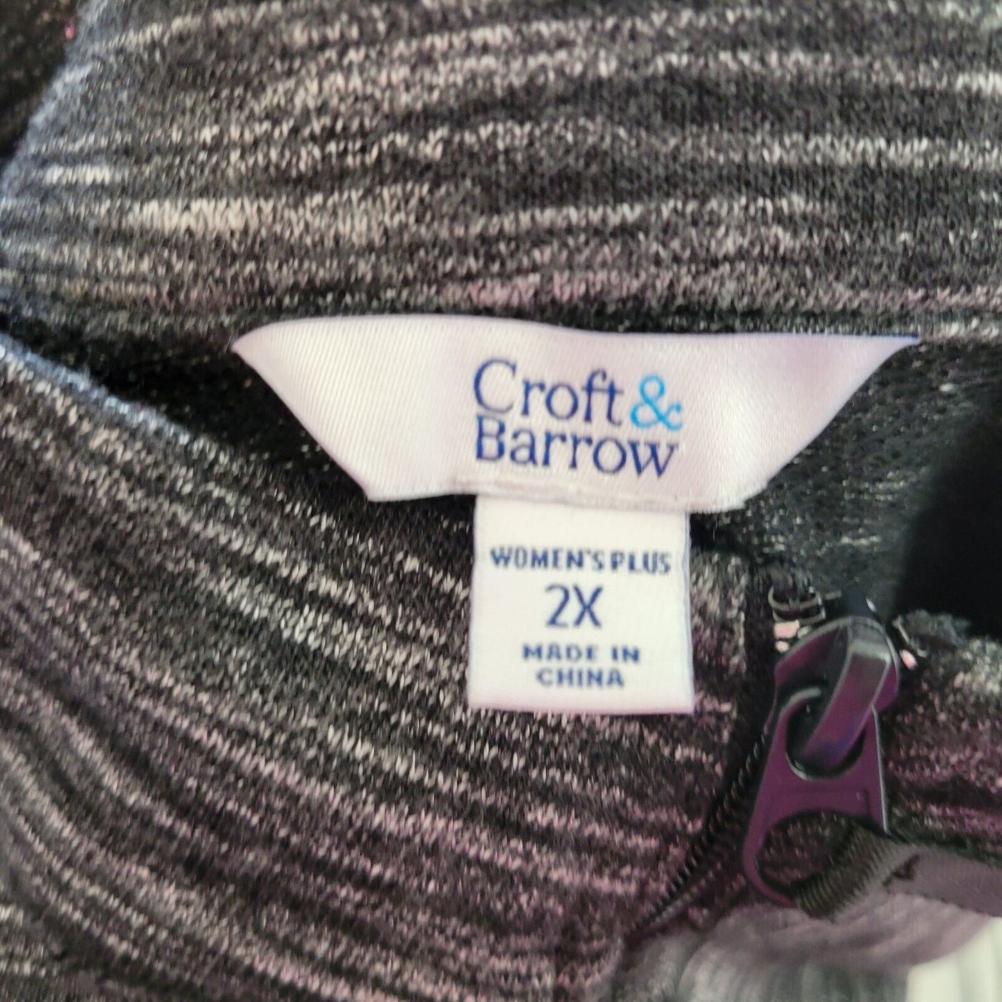 Croft Barrow Womens Top 2X Plus Tee Long Sleeve Black Gray Heather Zip Knit