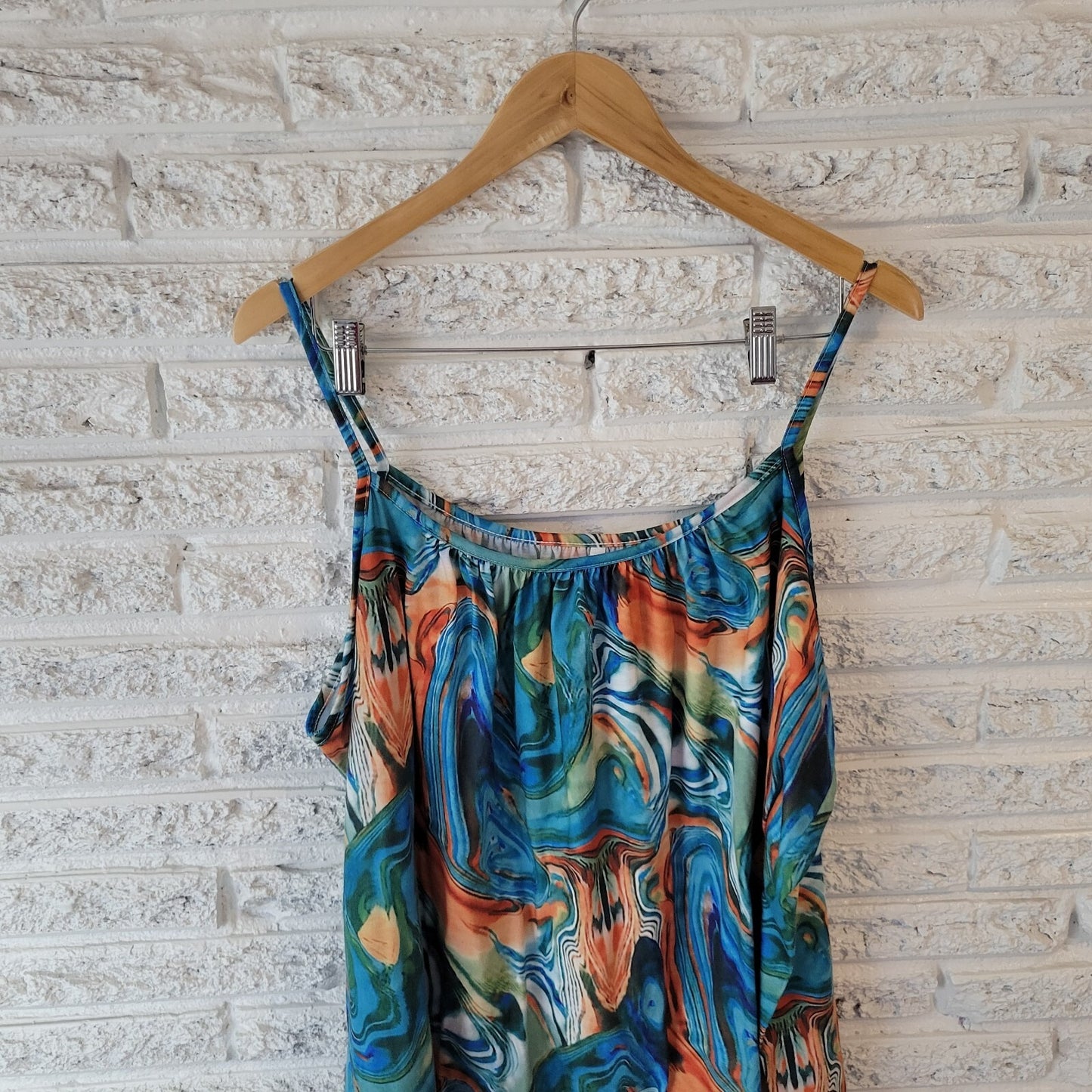 Women Top 4XL Plus Camisole Spaghetti Straps Blue Orange Watercolor Casual Comfy