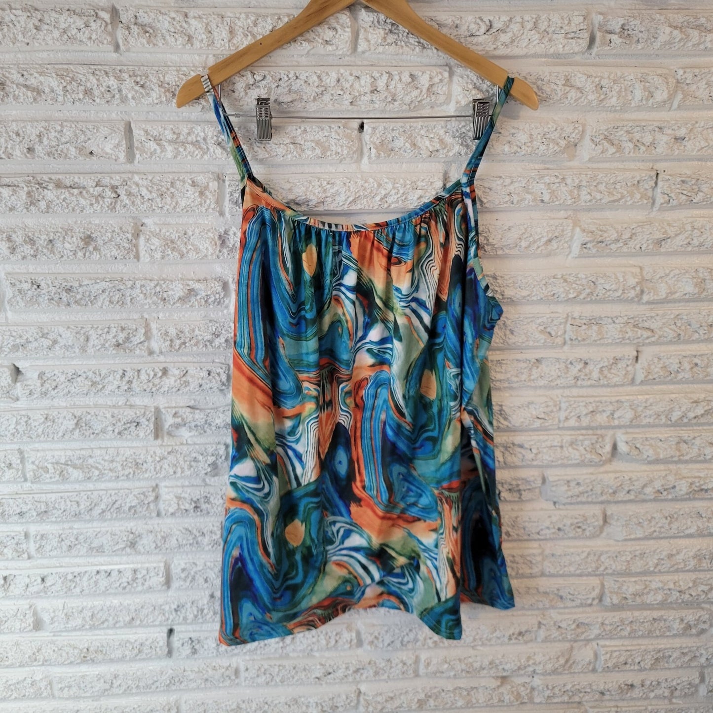 Women Top 4XL Plus Camisole Spaghetti Straps Blue Orange Watercolor Casual Comfy