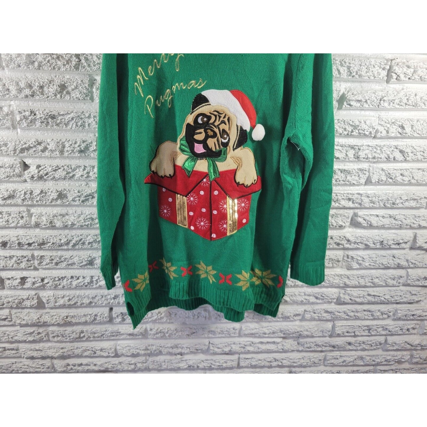 Christmas Holiday Time Women Sweater 2X Pug Happy Pugmas Green Sequins Embroider