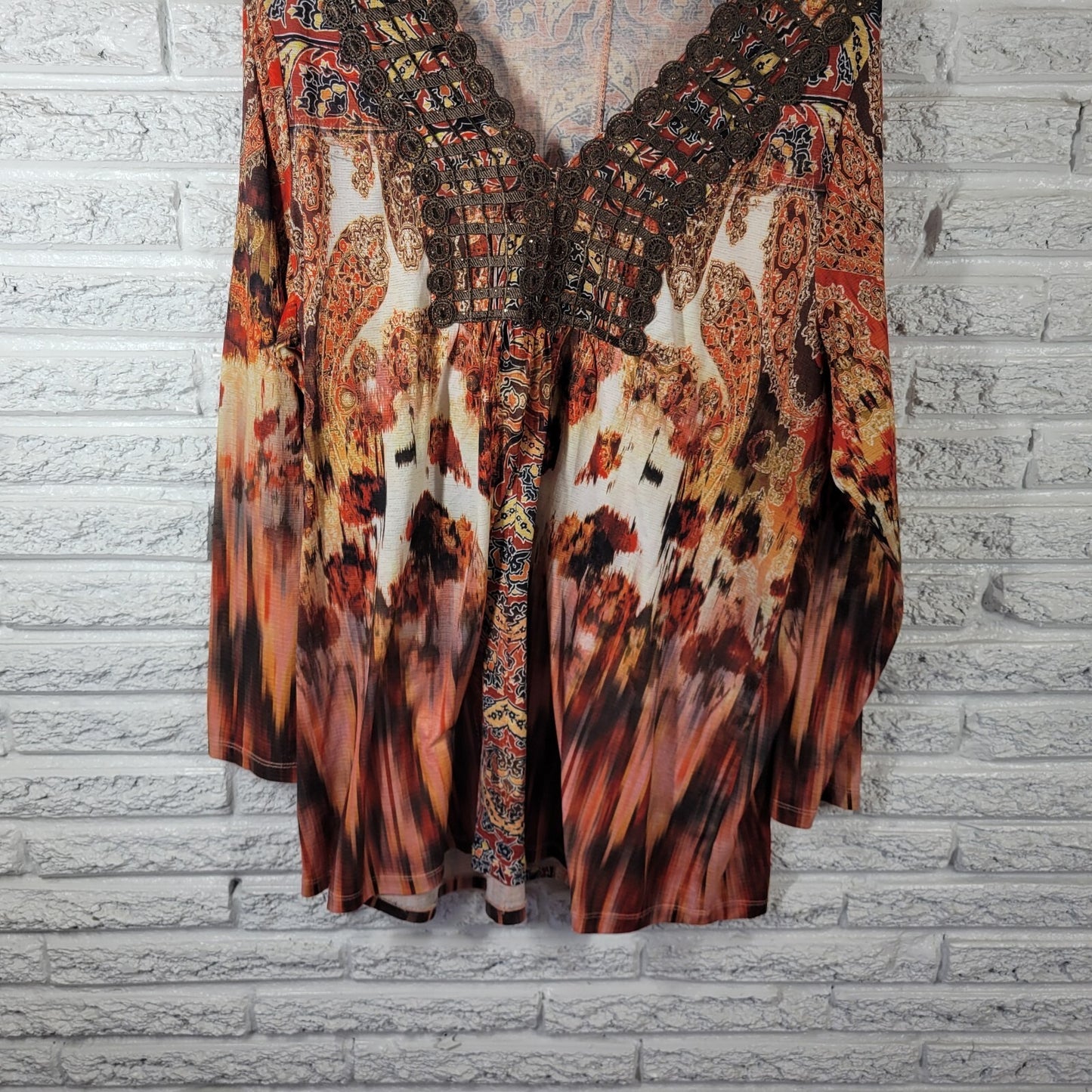 Live Let Live Womens Top XXXL Tunic Orange Paisley Crochet Poly Blend Studded