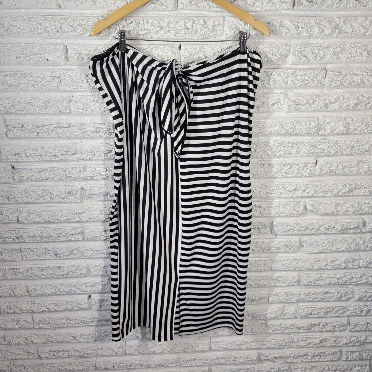 Shein Womens Skirt 4XL Midi Pull On Black Stripe Knotted Waist Slit Lightweight