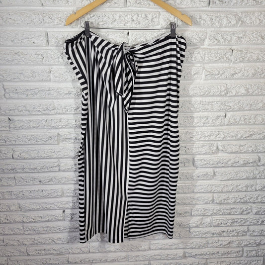 Shein Womens Skirt 4XL Midi Pull On Black Stripe Knotted Waist Slit Lightweight