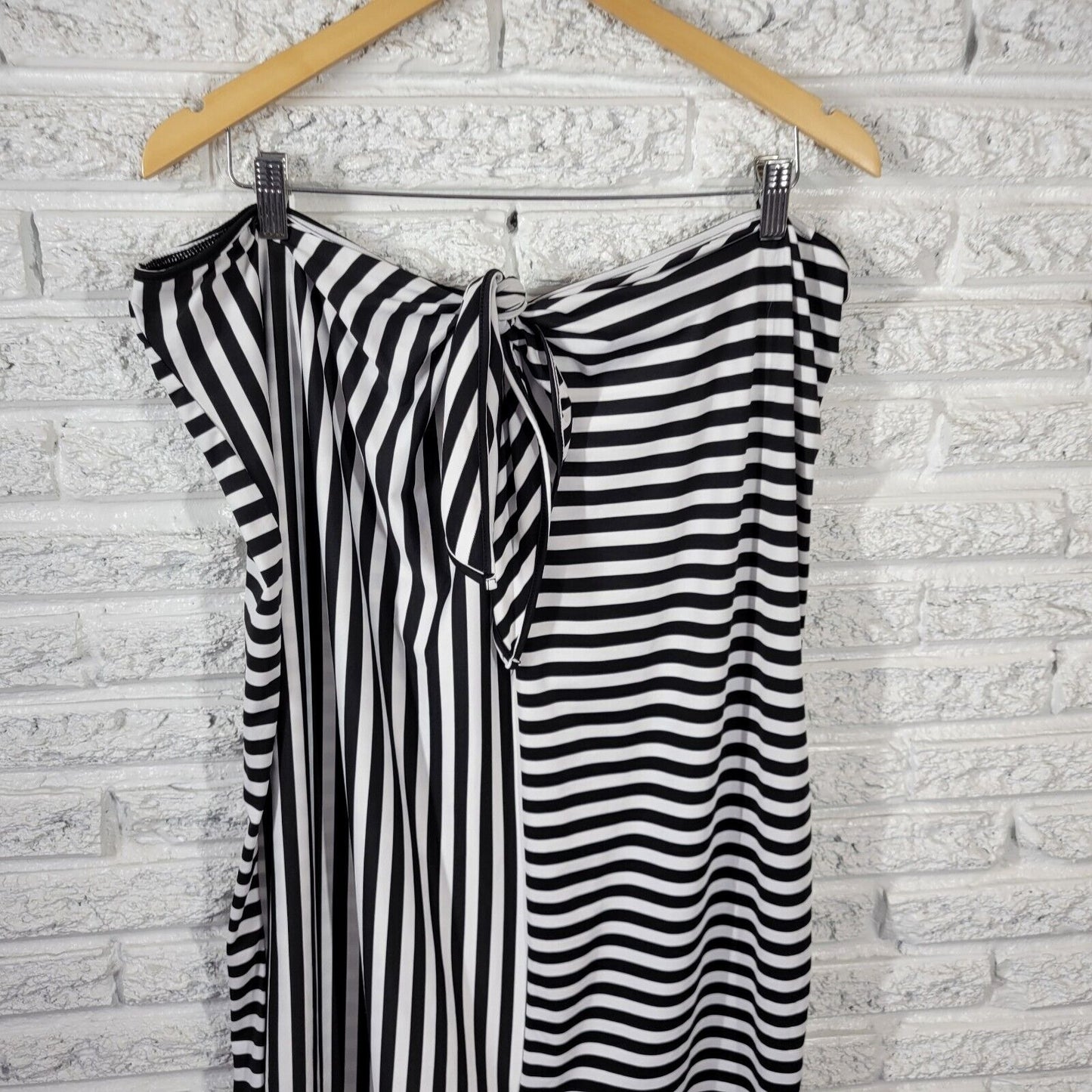 Shein Womens Skirt 4XL Midi Pull On Black Stripe Knotted Waist Slit Lightweight