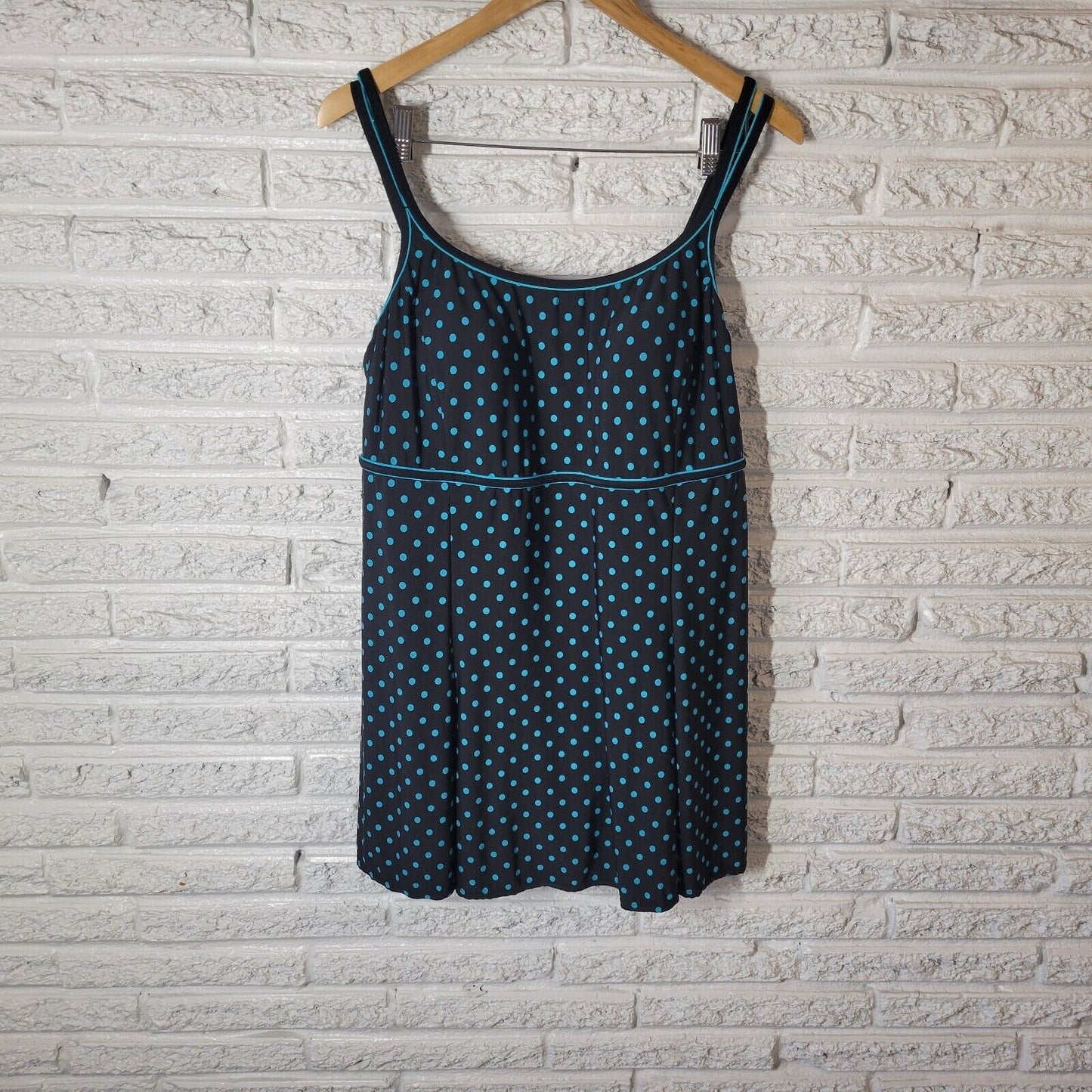 Le Cove Women Swimsuit 18 Plus Spaghetti Strap Skirted Blue Polka Dot Poly Blend