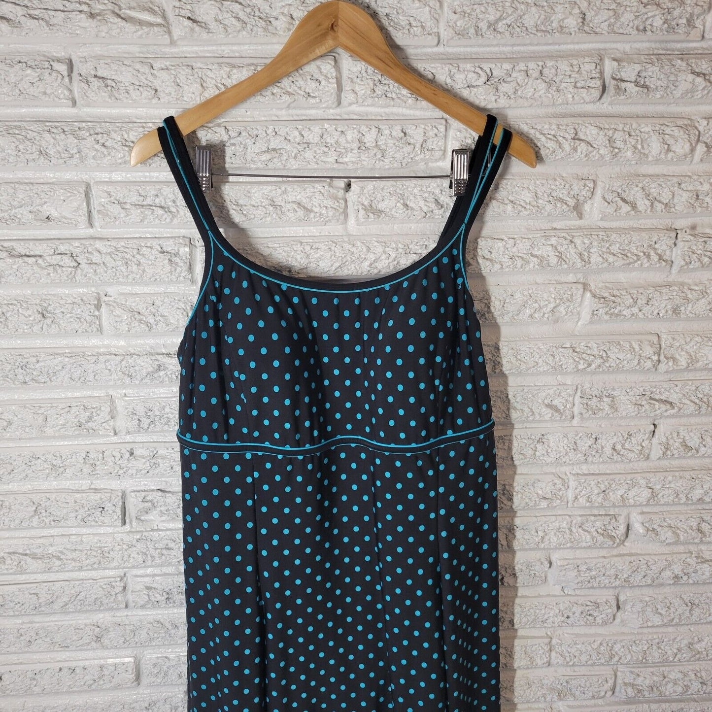 Le Cove Women Swimsuit 18 Plus Spaghetti Strap Skirted Blue Polka Dot Poly Blend