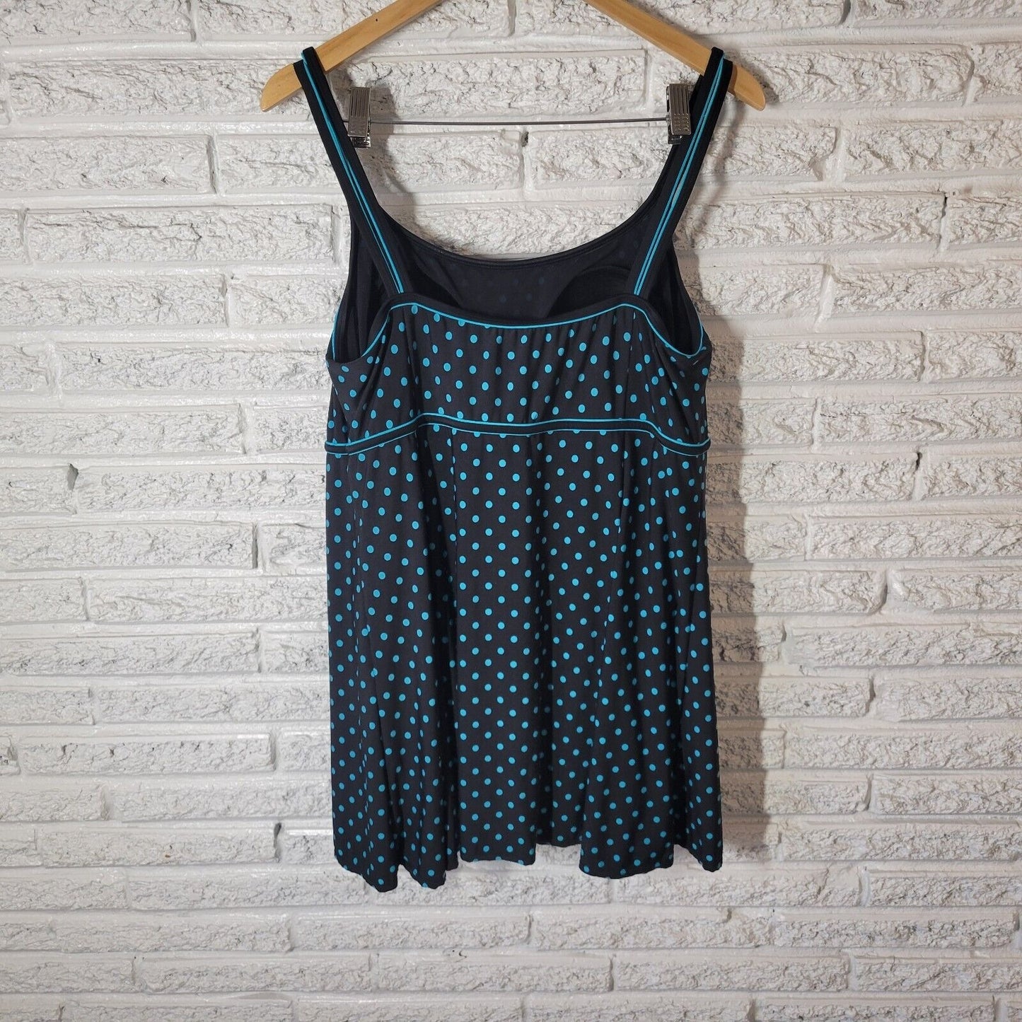 Le Cove Women Swimsuit 18 Plus Spaghetti Strap Skirted Blue Polka Dot Poly Blend