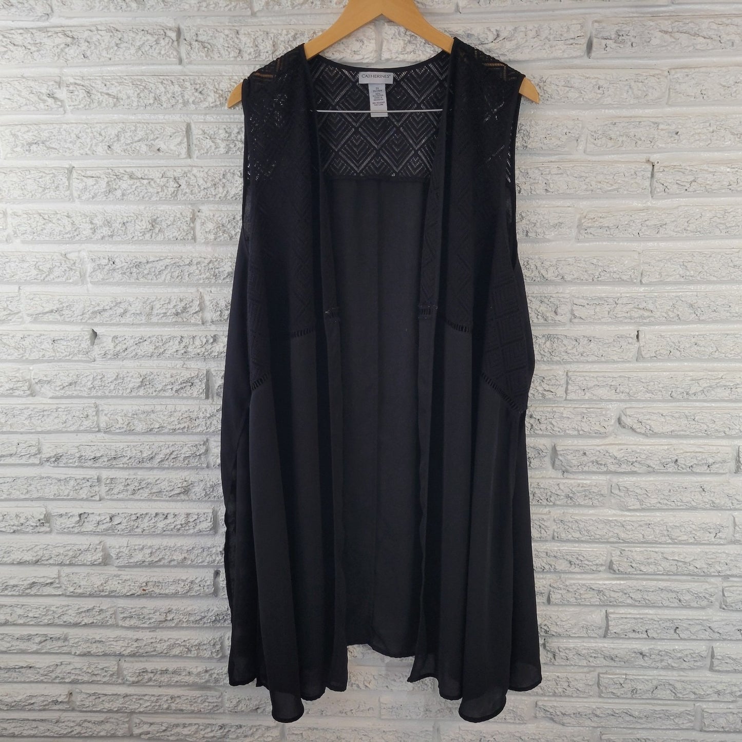 Catherines Womens Top 3X Plus Cardigan Open Black Sleeveless Crochet Chiffon