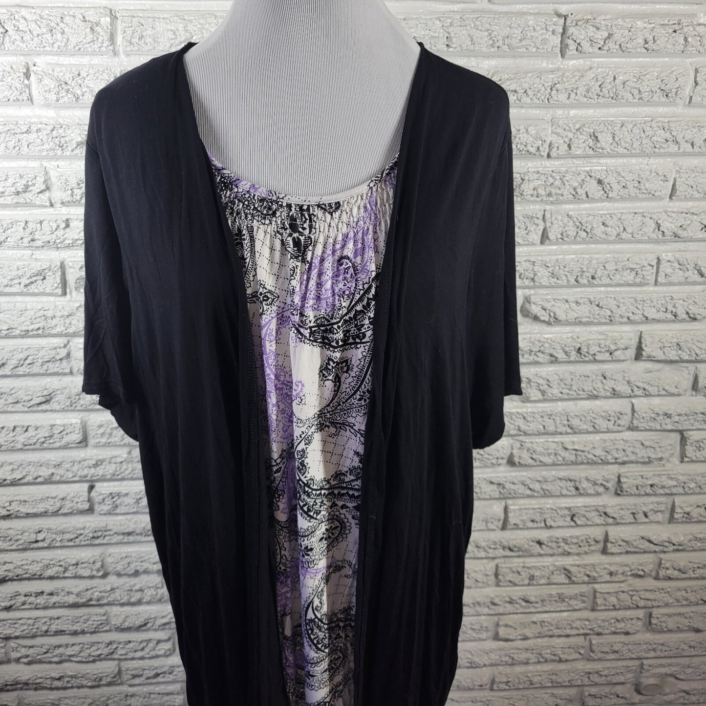 Croft Barrow Womens Top 2X Plus Short Sleeve Purple Black Paisley Casual Cinched